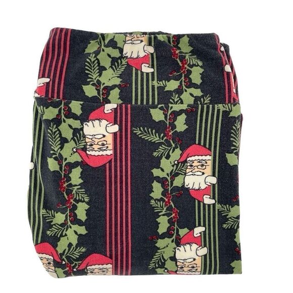 LULAROE Women’s Santa & Holly Red Green Striped High Waist Christmas Leggings - Picture 1 of 14